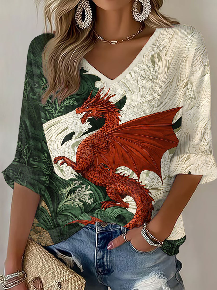 Women's Wales Welsh Rugby Lover Dragon Art Printed Waffle T-shirt