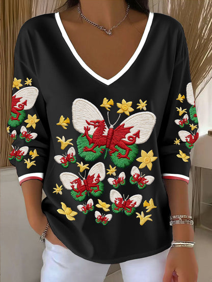 Women's Wales Welsh Rugby Art Printed V-Neck T-Shirt