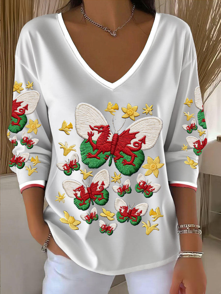 Women's Wales Welsh Rugby Art Printed V-Neck T-Shirt