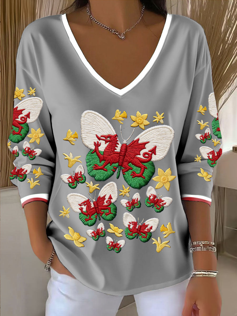 Women's Wales Welsh Rugby Art Printed V-Neck T-Shirt