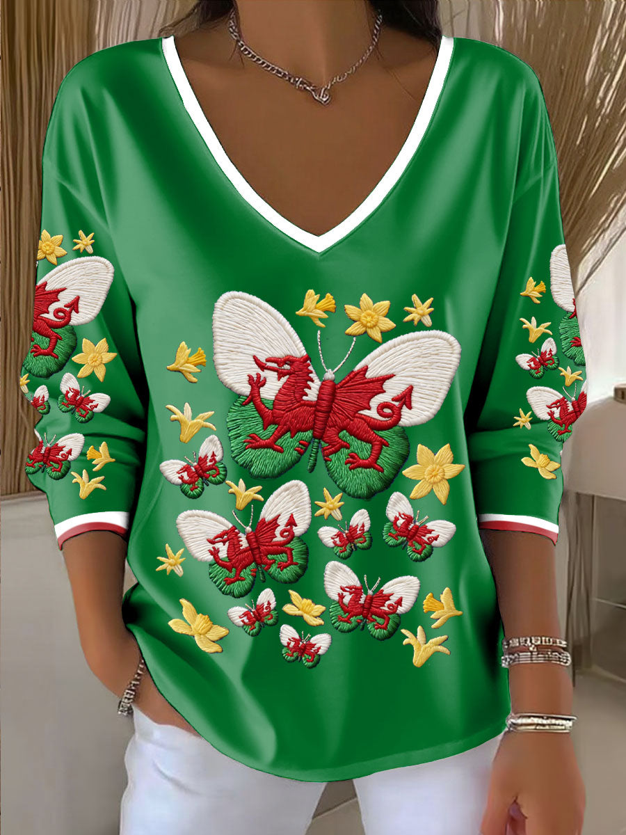 Women's Wales Welsh Rugby Art Printed V-Neck T-Shirt