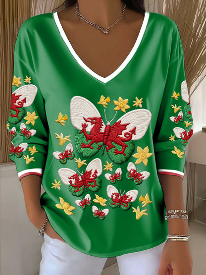 Women's Wales Welsh Rugby Art Printed V-Neck T-Shirt