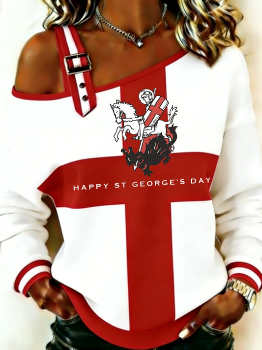 Women's Vintage Cat Patchwork Print Casual Off-Shoulder Sweatshirt