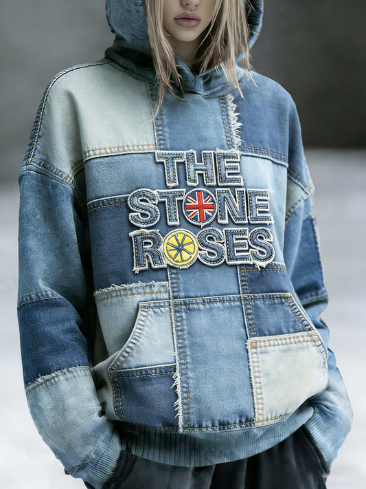 Women's British The Stone Rose Denim Patchwork Print Vintage Hooded Sweatshirt