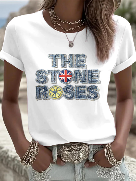 Women's British The Stone Rose Denim Print Casual White T-Shirt