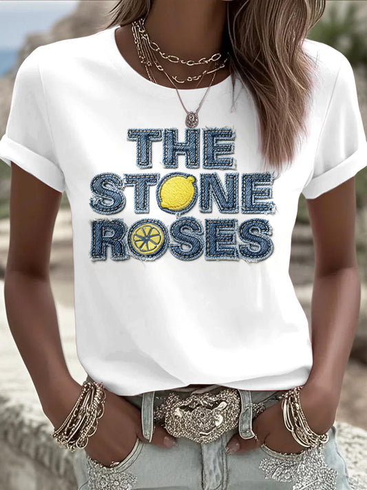 Women's The Stone Rose Denim Print Casual White T-Shirt