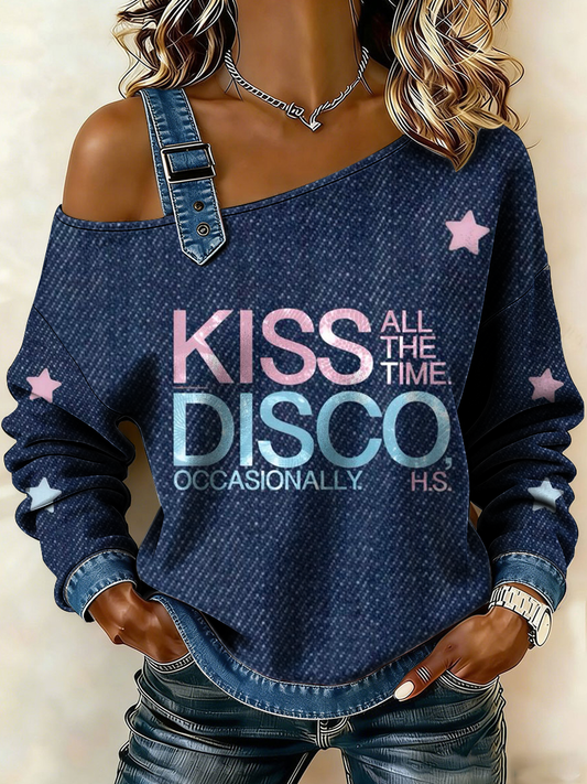 Women's Kiss All the Time Disco Occasionally Vintage Cat Patchwork Print Casual Off-Shoulder Sweatshirt