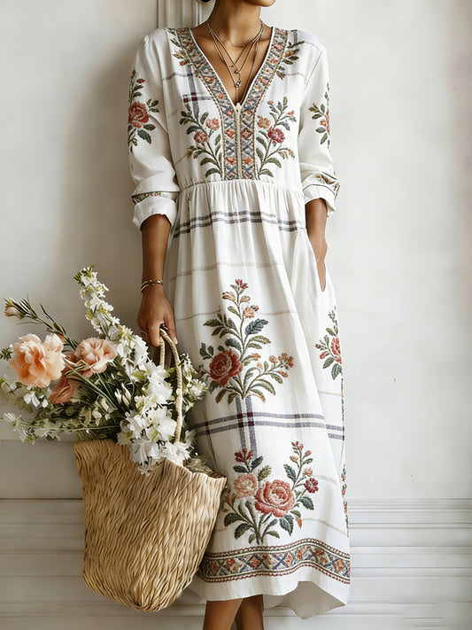 Women's Plants Flowers Art Print V-Neck Dress with pockets
