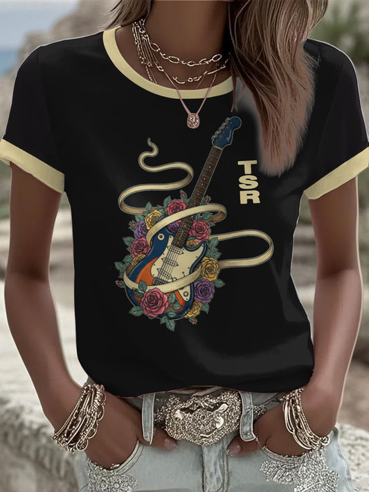 Women's Lemon Roses Music Lover Printed short-sleeved T-shirt
