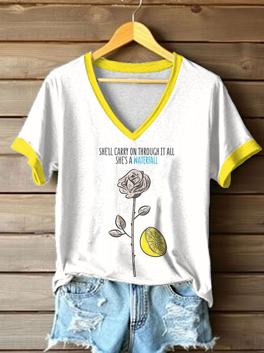 Women's Lemon Roses Music Lover Printed short-sleeved T-shirt