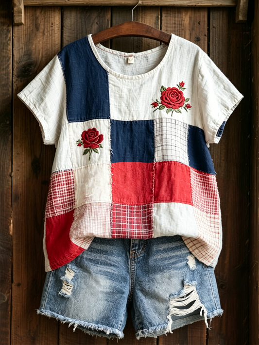 Women's Rose Print linen short-sleeved T-shirt