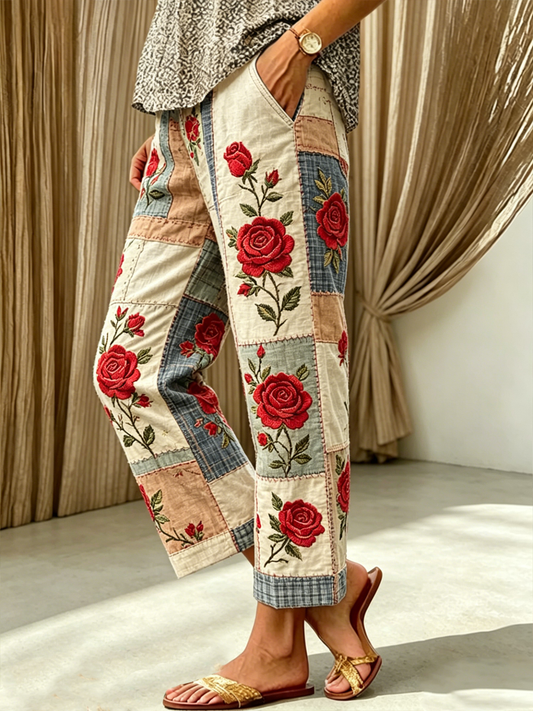 Women's Floral Print cotton linen nine-minute trousers