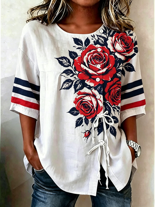 Women's Rose Print Cotton-Linen Button-Front Top with Ties