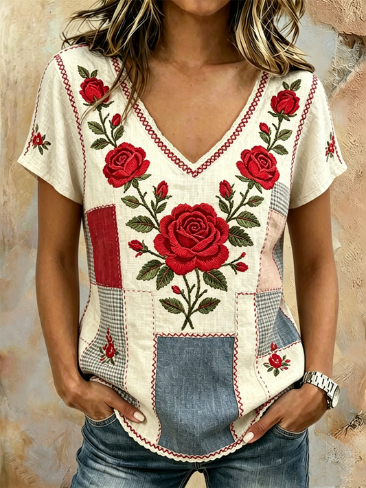 Women's Floral Print linen short-sleeved T-shirt