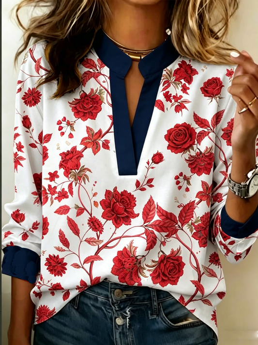 Women's Floral Print Linen Long Sleeve Shirt