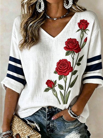 Women's Rose Print Mid-length Sleeves V-Neck T-Shirt