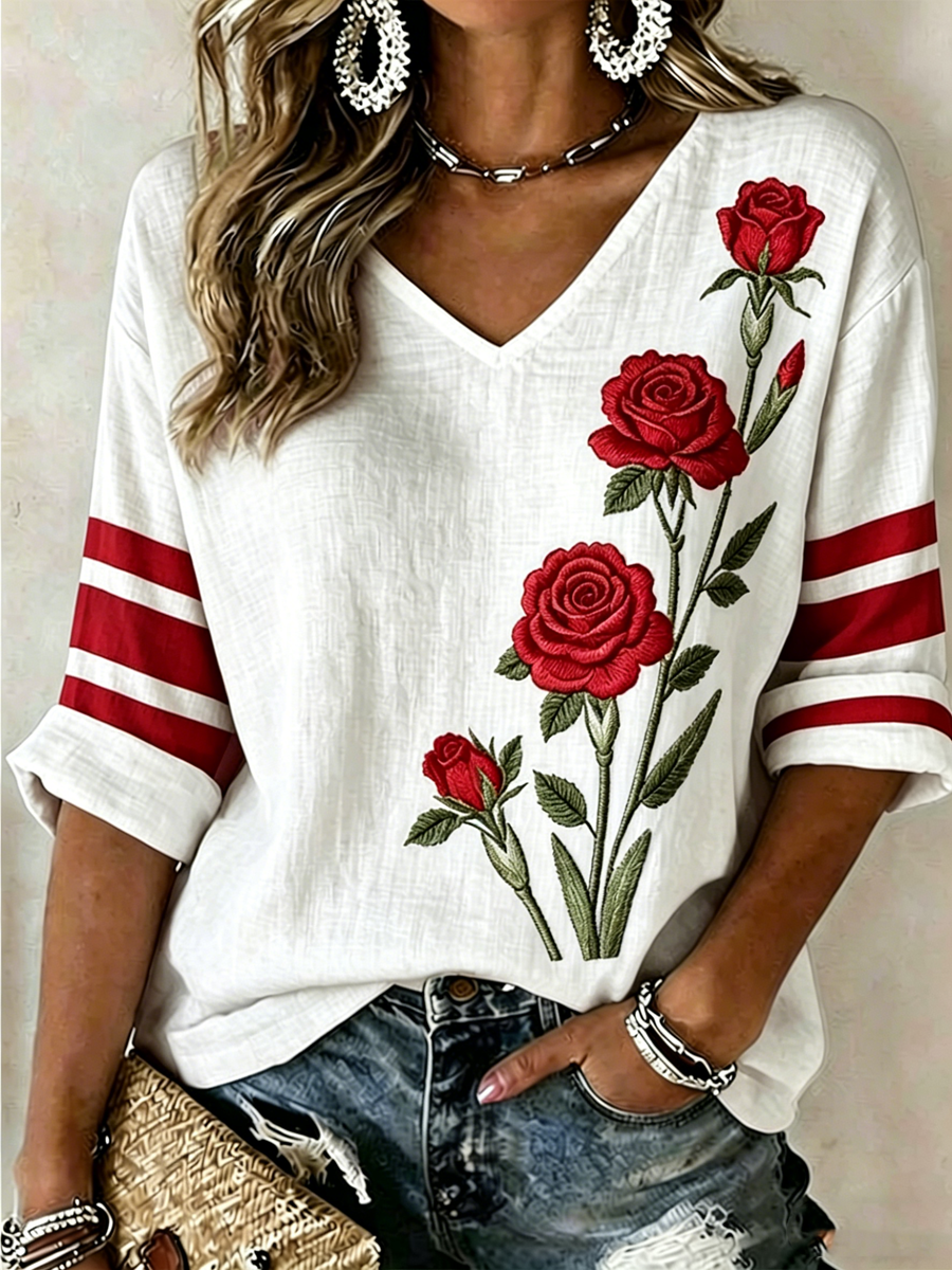 Women's Rose Print Mid-length Sleeves V-Neck T-Shirt
