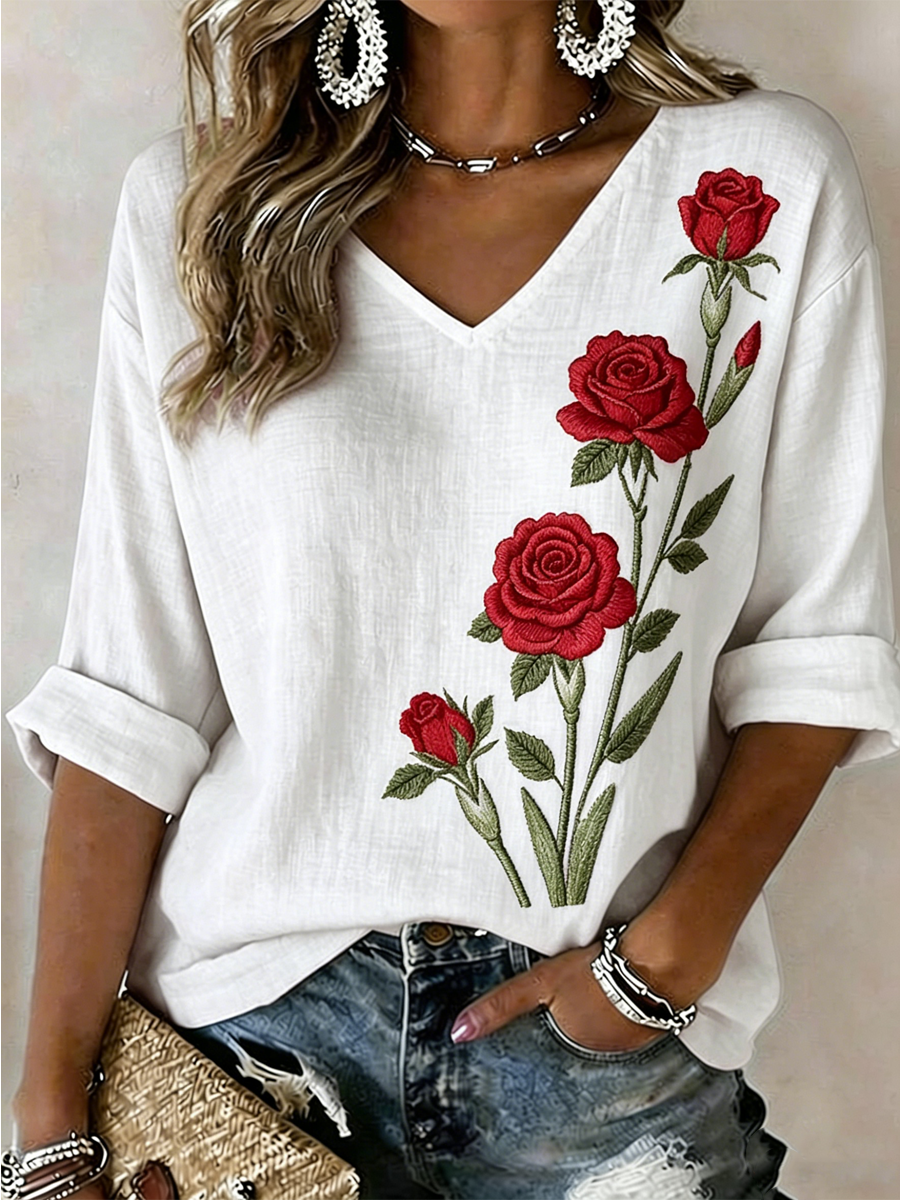Women's Rose Print Mid-length Sleeves V-Neck T-Shirt