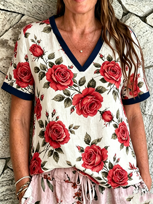 Women's Rose Print linen short-sleeved T-shirt