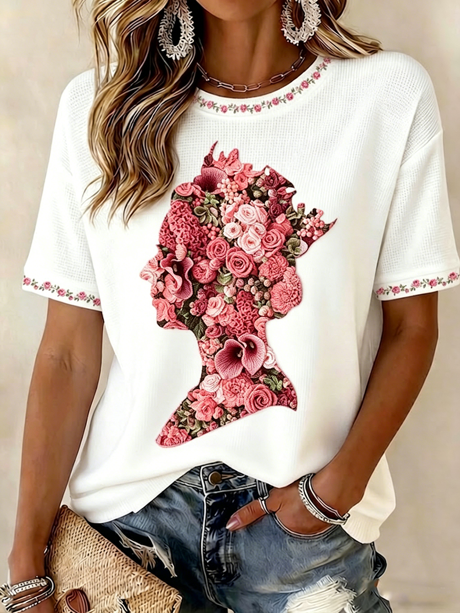Women's Queen Flower Waffle Fabric Short-sleeved T-shirt