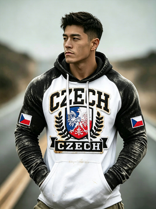 Men's Czech Flag Patchwork Print Vintage Hooded Sweatshirt