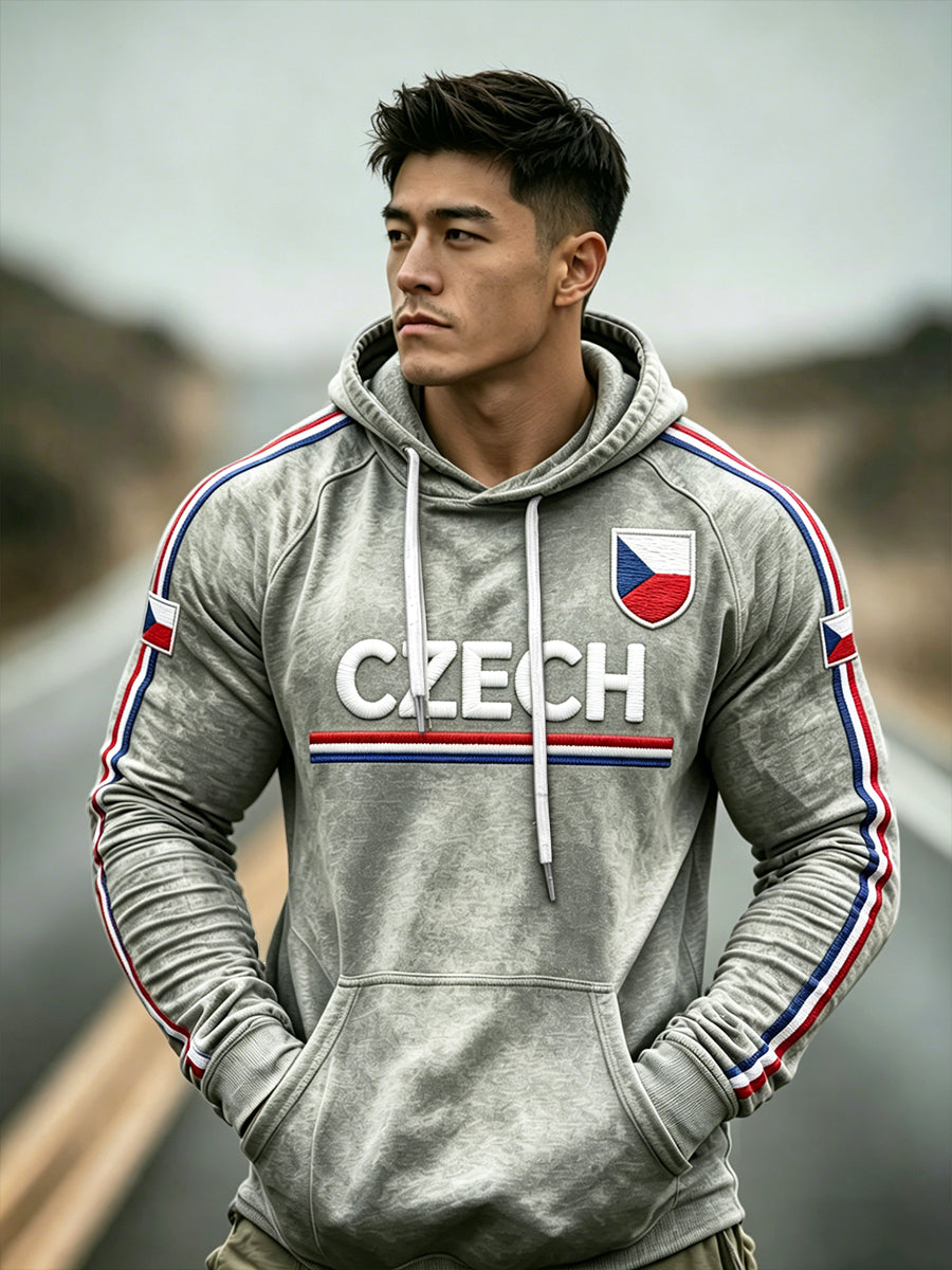 Men's Grey Vintage Czech Flag Print Drop-Shoulder Hooded Sweatshirt