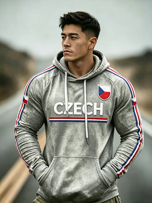 Men's Grey Vintage Czech Flag Print Drop-Shoulder Hooded Sweatshirt