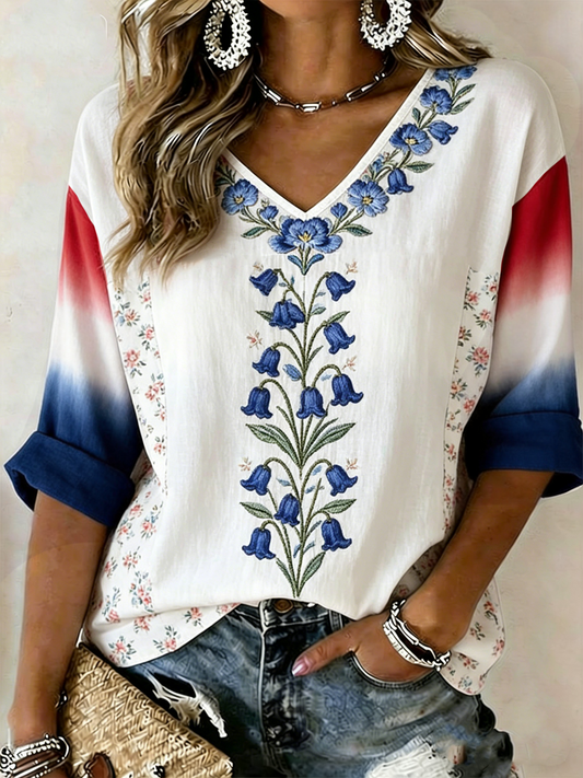 Women's Bluebell Print linen short-sleeved T-shirt