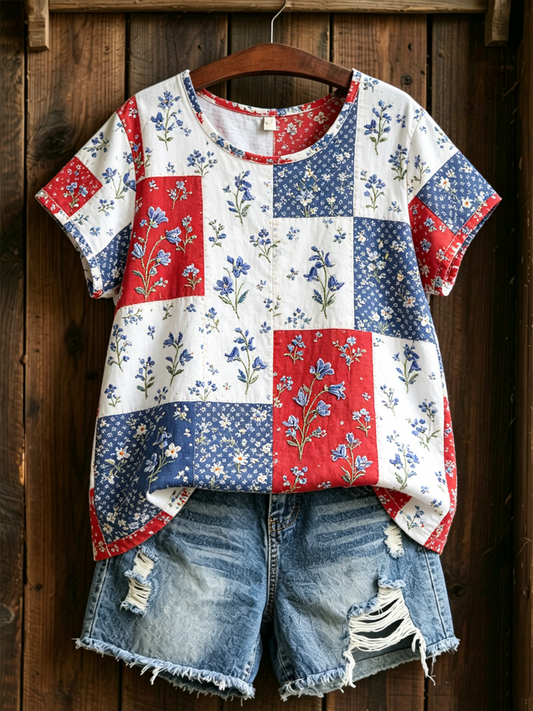 Women's Bluebell Print linen short-sleeved T-shirt