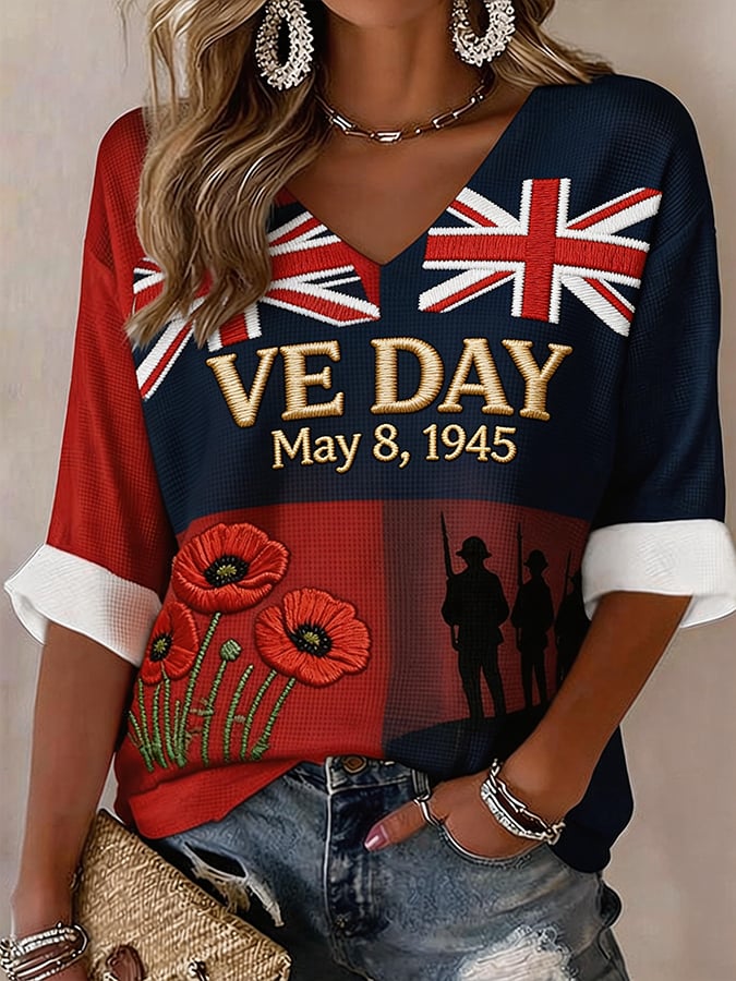 Women's European Victory Day Printed Waffle T-shirt