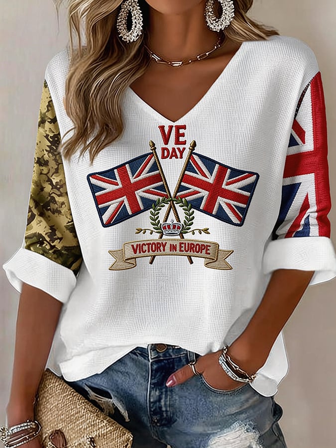 Women's European Victory Day Printed Waffle T-shirt