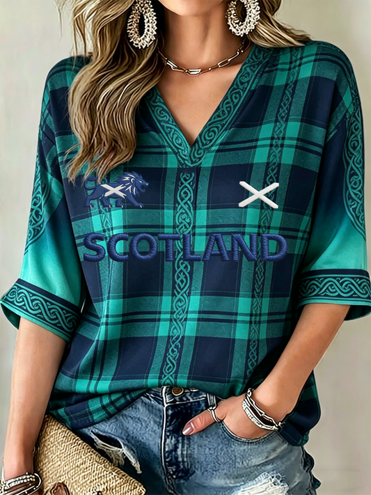 Women's UK Football Lover Scotland Printed Mid-length Sleeves V-Neck T-Shirt