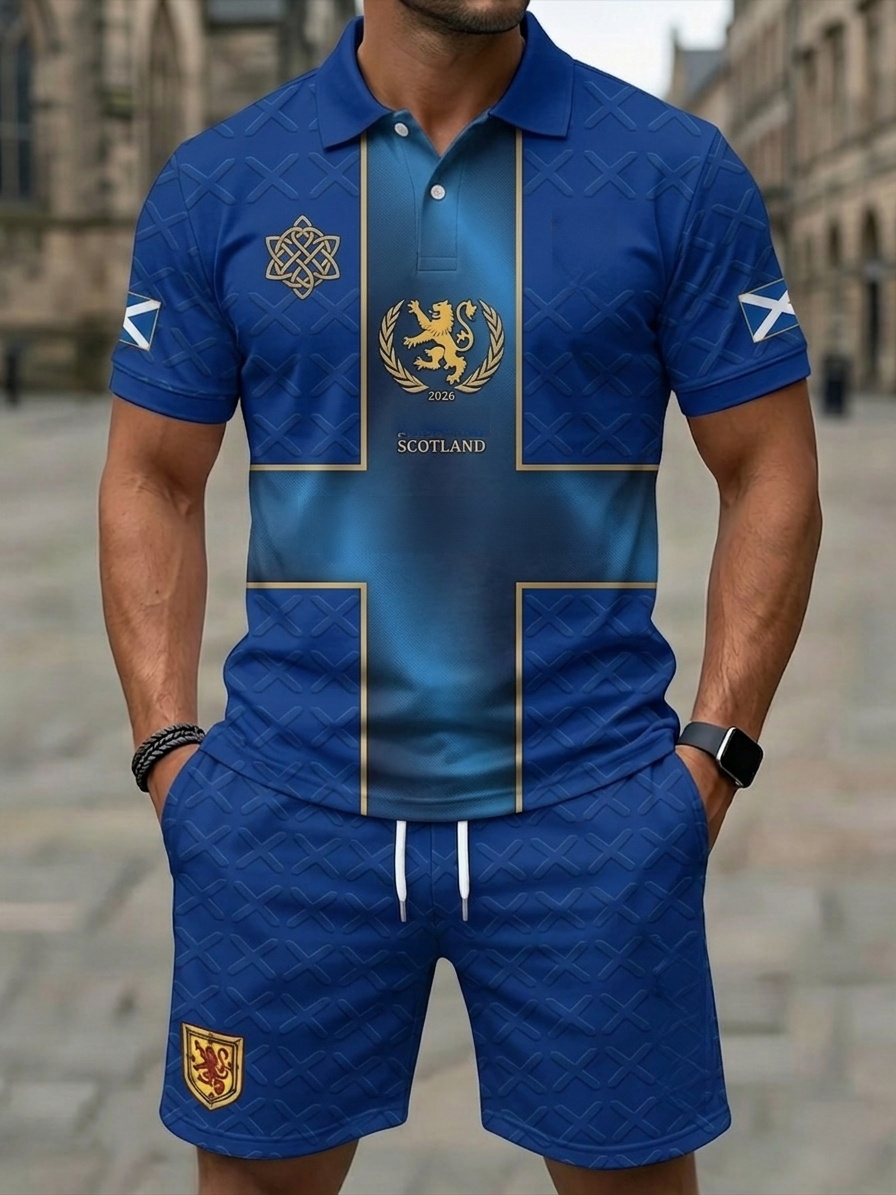 Retro UK Scotland Football Lover 2026 Print Casual Polo & Shorts Set