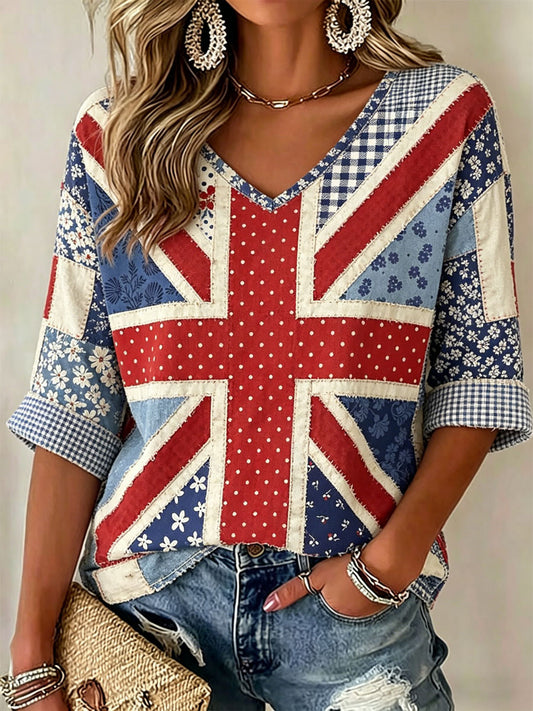 Women's British-Style Patchwork Print Casual T-Shirt