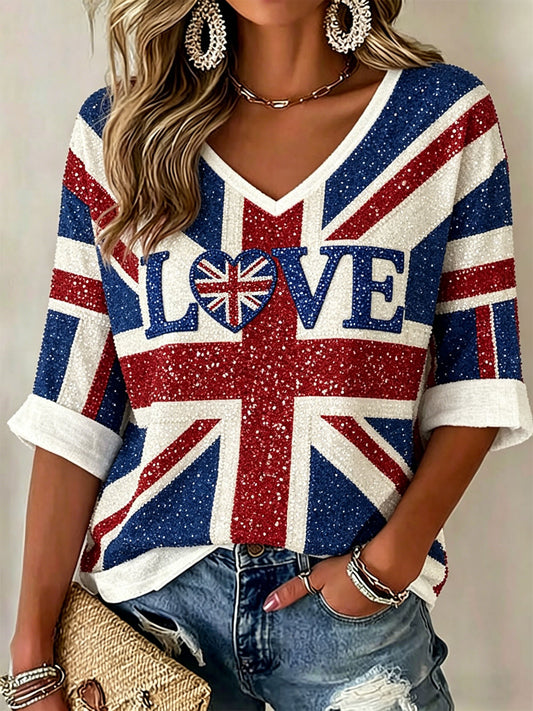 Women's British-Style Patchwork Print Casual T-Shirt
