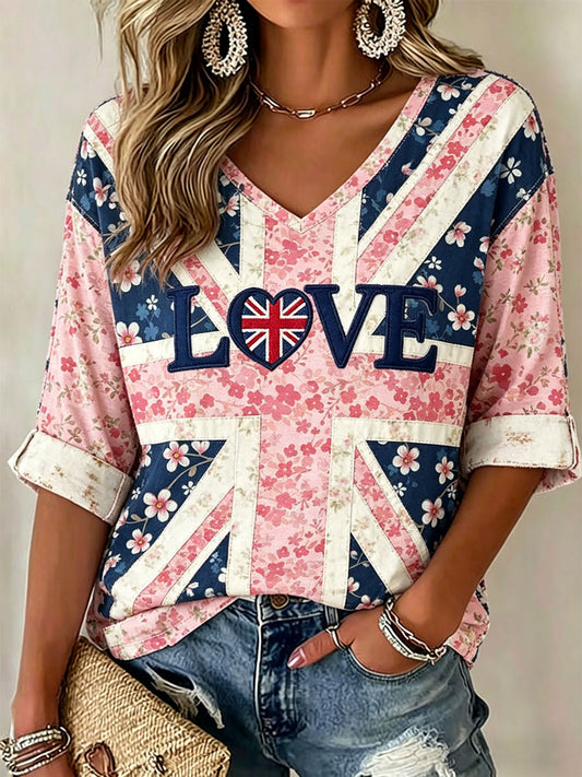 Women's British-Style Patchwork Print Casual T-Shirt