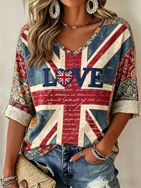 Women's British-Style Patchwork Print Casual T-Shirt