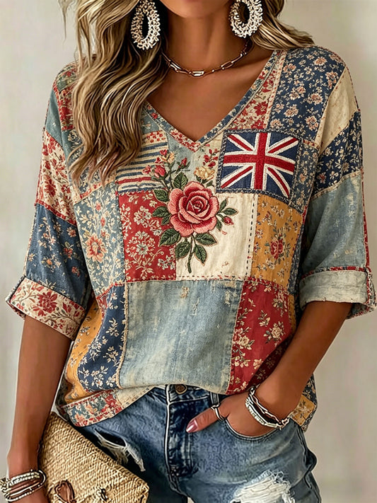 Women's British-Style Patchwork Print Casual T-Shirt