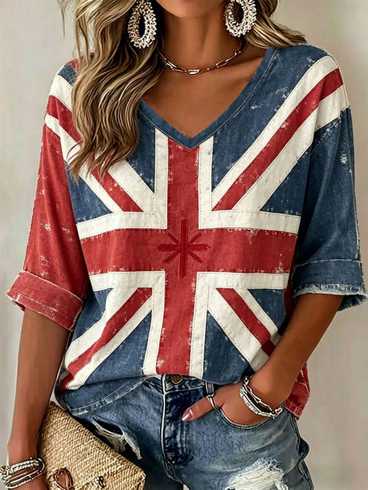 Women's British-Style Patchwork Print Casual T-Shirt