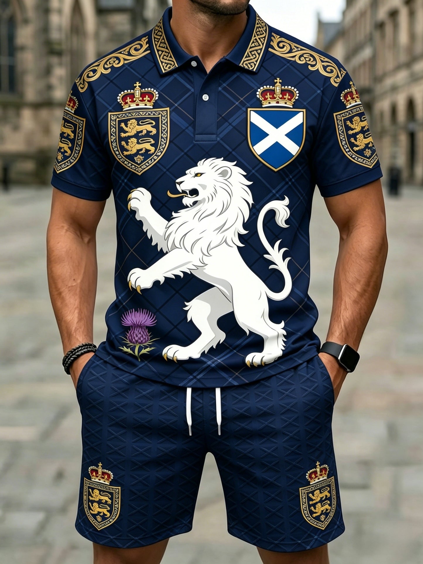 Men's Retro UK Scotland Football Lover 2026 Print Casual Polo & Shorts Set