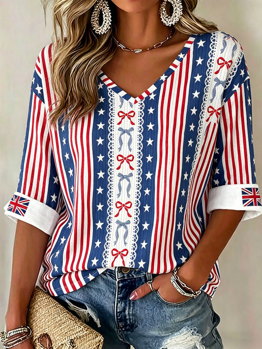 Women's British-Style Patchwork Print Casual T-Shirt