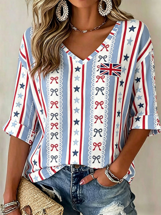 Women's British-Style Patchwork Print Casual T-Shirt