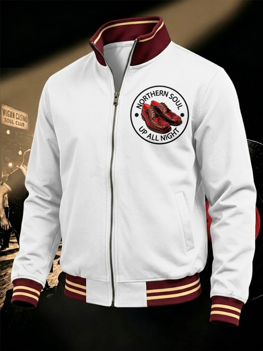 Men's Retro Northern Soul Up All Night Print Casual Zipper Sweatshirt