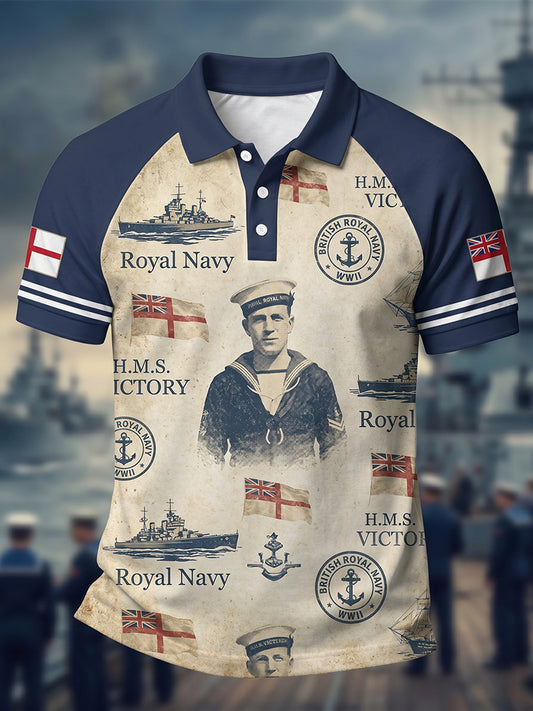 Men's Retro Royal Navy Veteran Print Casual Polo