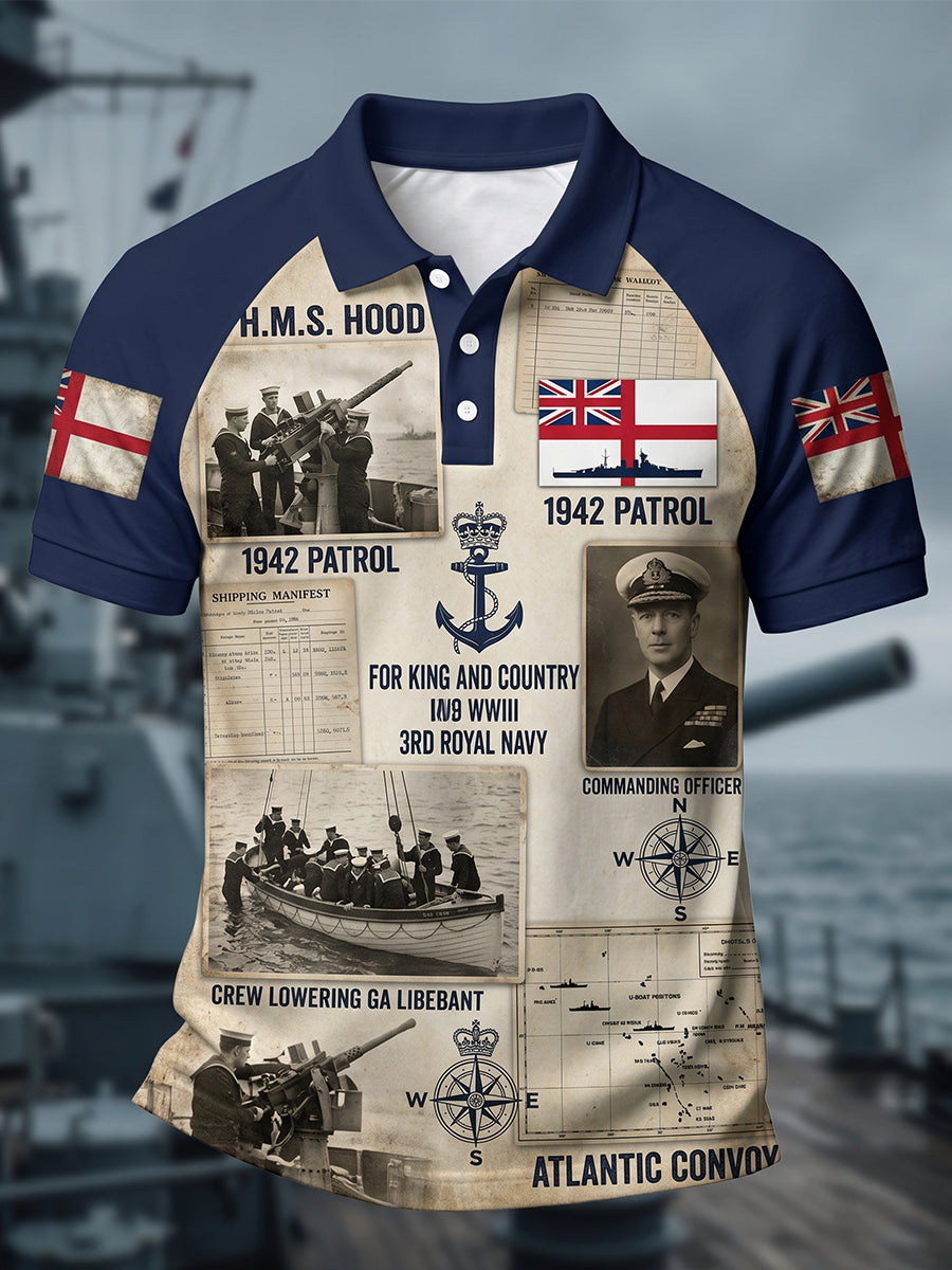Men's Retro Royal Navy Veteran Print Casual Polo