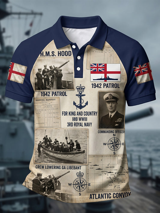 Men's Retro Royal Navy Veteran Print Casual Polo