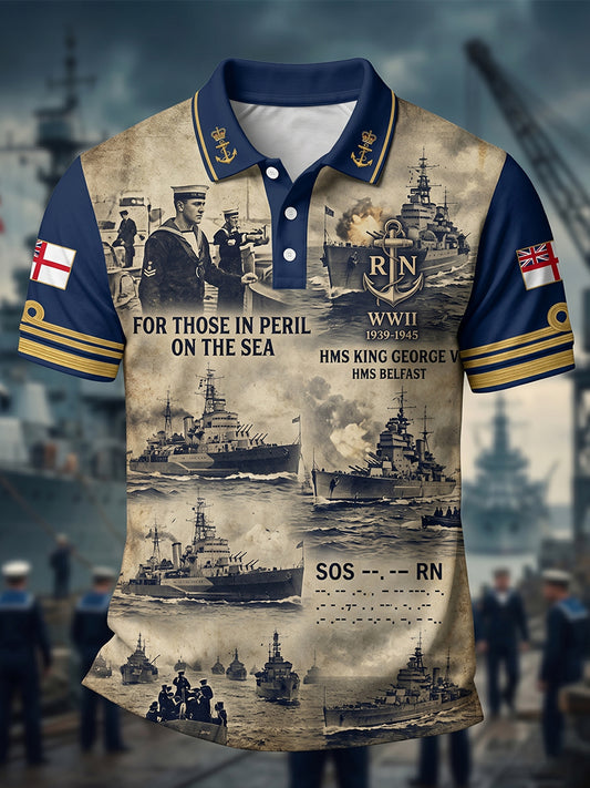 Men's Retro Royal Navy Veteran Print Casual Polo