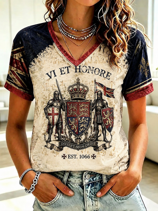 Women's British Knight Royal Arms Printed V-neck T-Shirt