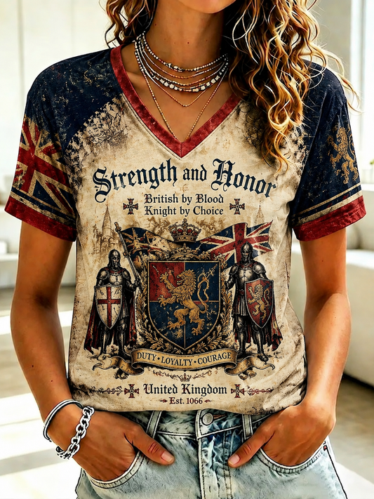 Women's British Knight Royal Arms Printed V-neck T-Shirt