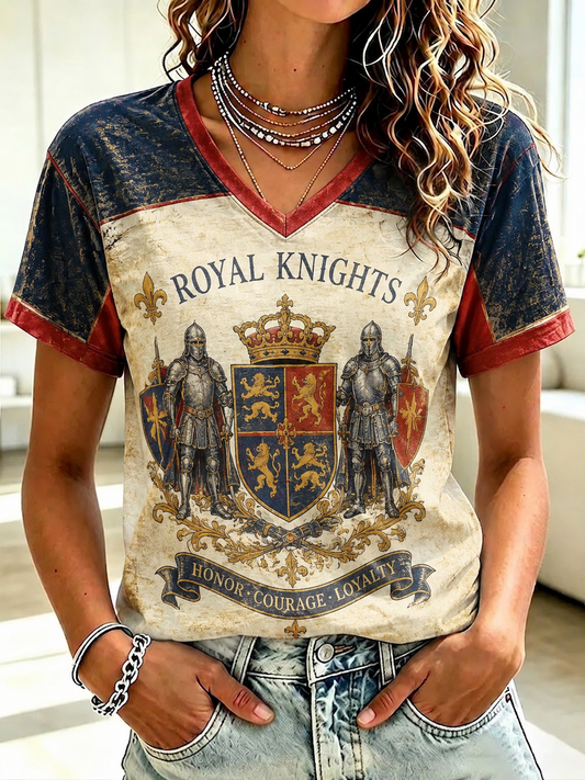 Women's British Knight Royal Arms Printed V-neck T-Shirt
